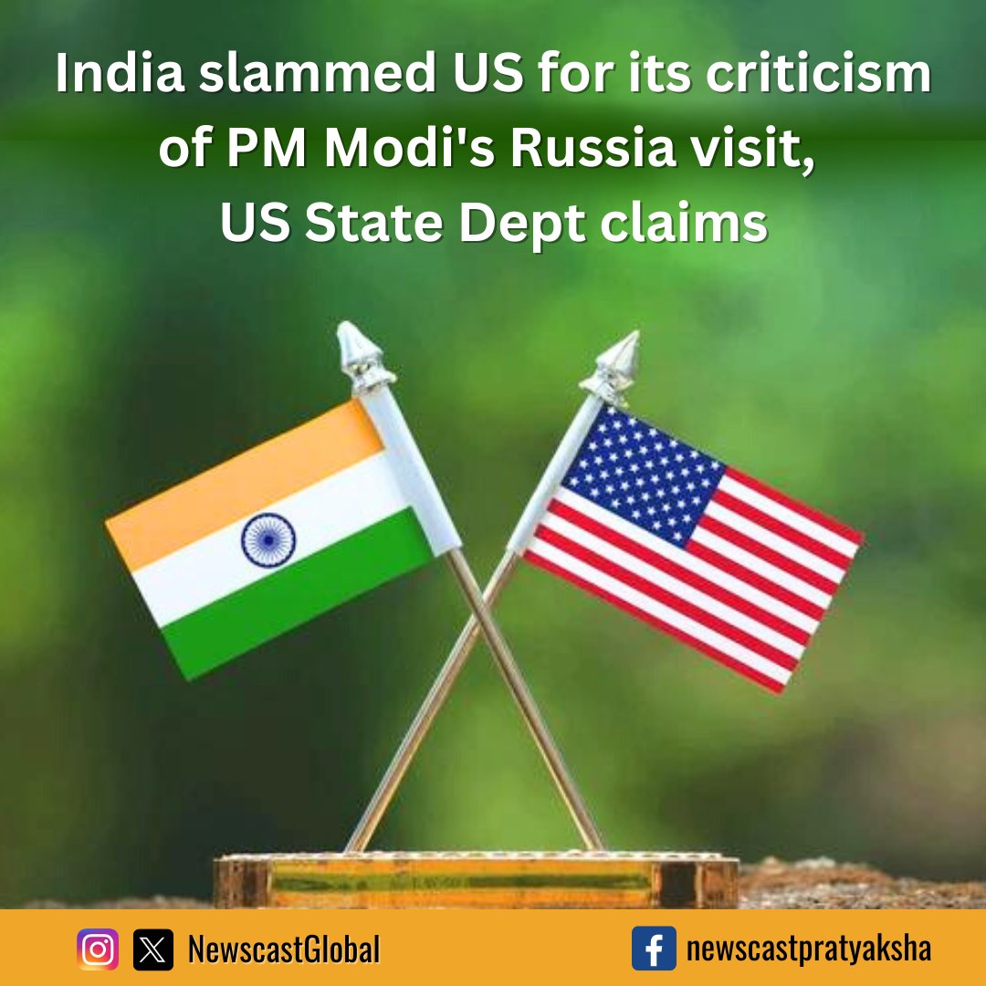 NewscastGlobal's tweet photo. Despite India's warning, #US continues to raise concerns about #IndiaRussia cooperation. US State Dept. Assistant Secretary Donald Lu calls PM #ModiRussiaVisit disappointing. @MEAIndia responds sternly, stating India's long-standing ties with Russia are based on mutual interests. https://t.co/xDoxS9fa7b
