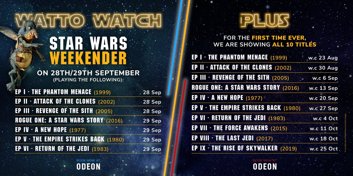 ODEON Presents... STAR WARS SEASON🌌🤯 bit.ly/4c2EMcX

Dust off your Jedi robes. For the first time EVER we are showing ALL of The Skywalker Saga Star Wars movies and Rogue One, PLUS a Weekend Marathon! 

Playing in chronological order from August to October, BOOK NOW!🤩