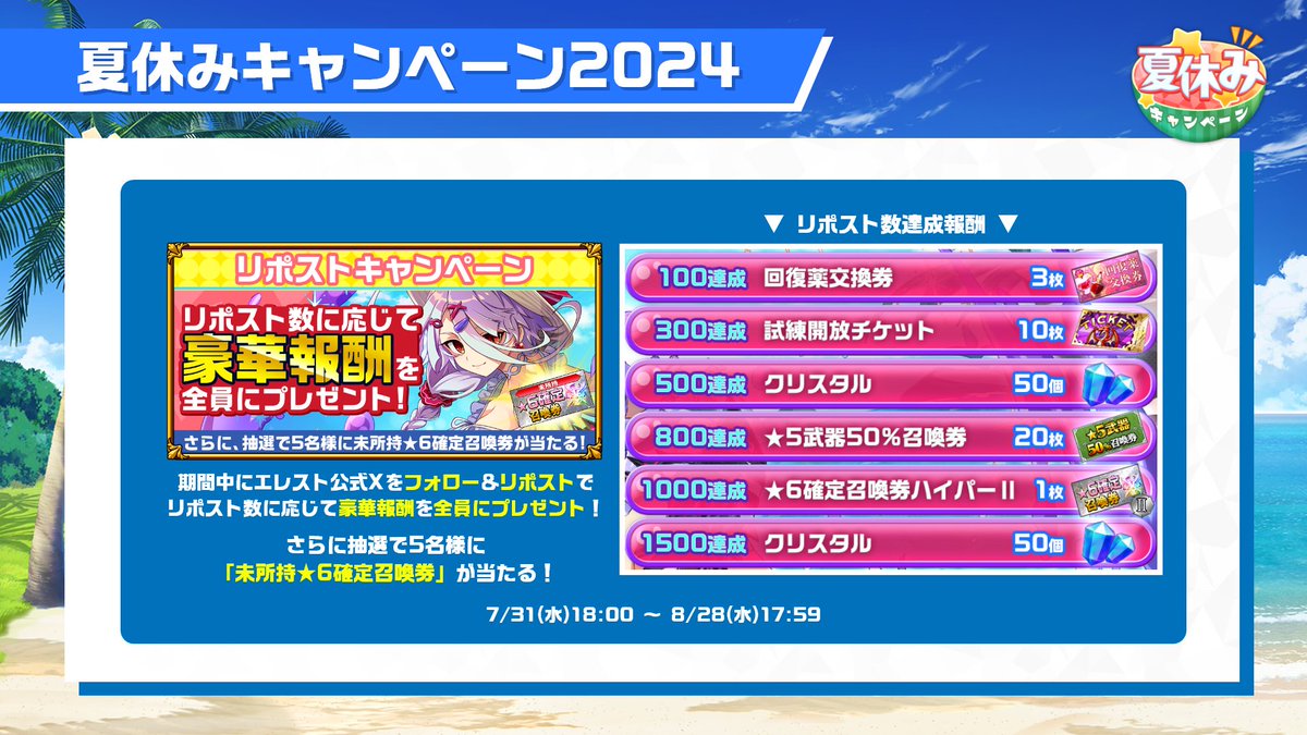 elementalstory's tweet photo. さらに！リポストキャンペーンを開催するよー！
みんなで対象のポストをリポストをして、クリスタルなど豪華アイテムをGETしよう💎
※プレゼント対象のポストは7/31(水)18:00頃に投稿されるよ！

そのほか、エレストが遊びやすくなるキャンペーンがたくさん開催されるよー！
#エレスト https://t.co/KDhCmYaprK