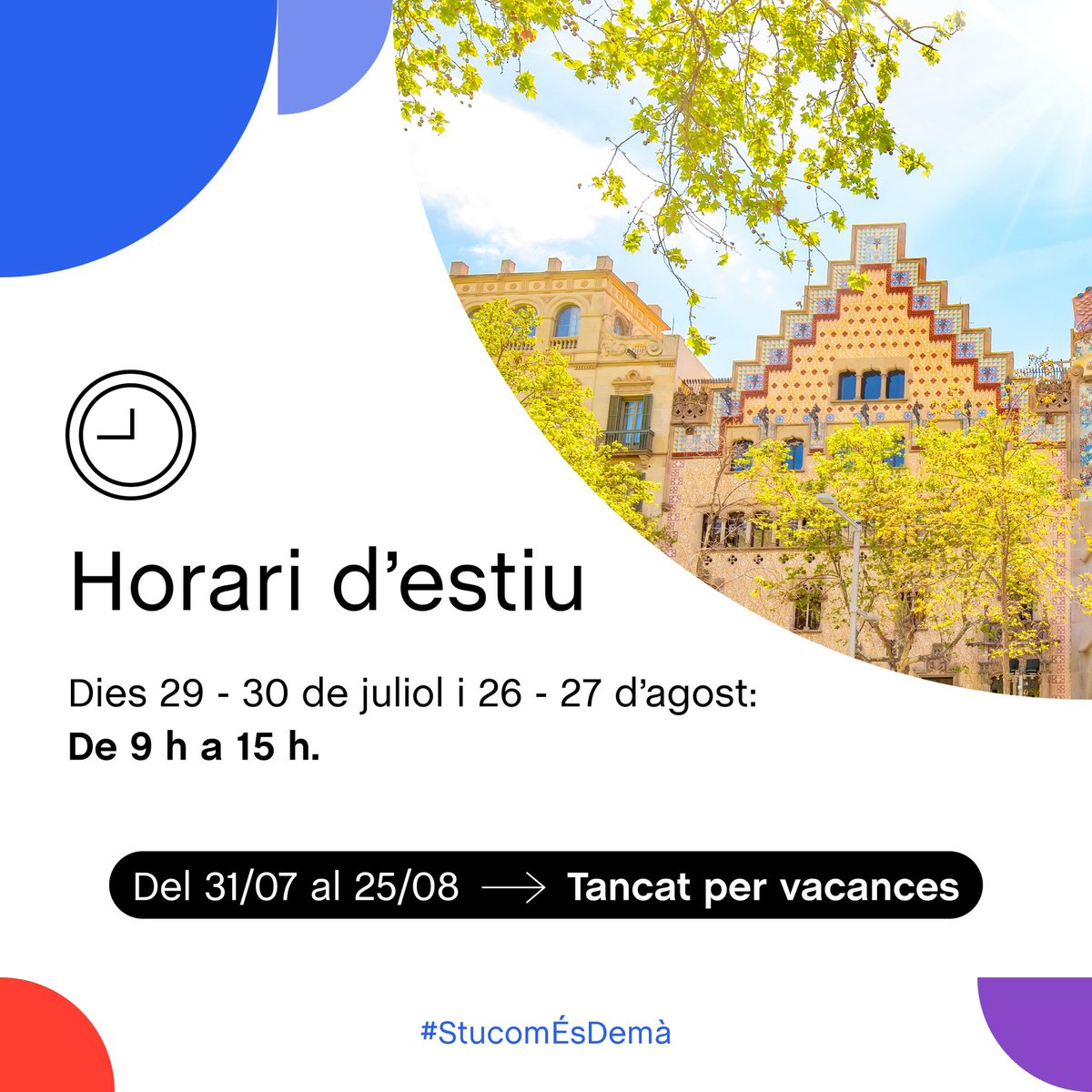🗓️𝐇𝐎𝐑𝐀𝐑𝐈 𝐃'𝐄𝐒𝐓𝐈𝐔☀️

L'horari d'obertura d'aquest estiu és:
Dies 29 i 30 de juliol i dies 26 i 27 d'agost 👉🏼 𝗗𝗲 𝟵𝗵 𝗮 𝟭𝟱𝗵

𝗗𝗲𝗹 𝟯𝟭 𝗱𝗲 𝗷𝘂𝗹𝗶𝗼𝗹 𝗮𝗹 𝟮𝟱 𝗱'𝗮𝗴𝗼𝘀𝘁 els nostres centres romandran 𝘁𝗮𝗻𝗰𝗮𝘁𝘀 𝗽𝗲𝗿 𝘃𝗮𝗰𝗮𝗻𝗰𝗲𝘀👋🏼

#stucom
