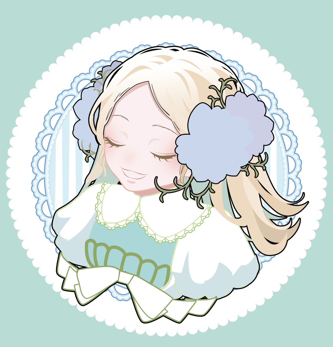 「歌うお人形進捗丸型キャンバスにプリントしたいなぁと思って描いてます。キャンバスプ」|中山 初夏@お洋服とお絵描きのイラスト