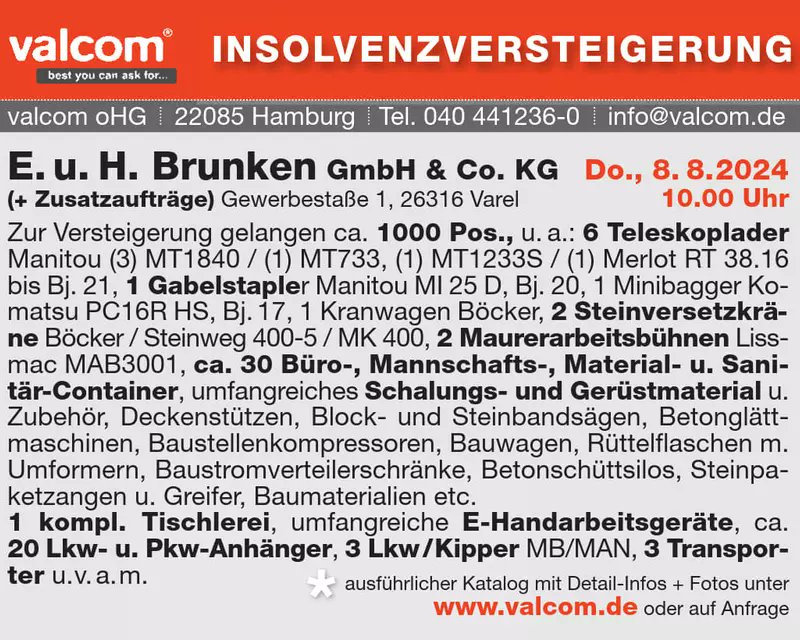 Im Auftrag der Berechtigten versteigern wir Baumaschinen, die Werkstattausstattungen und Tischlerei, die Betriebs- und Geschäftsausstattung sowie den Fuhrpark einer Hochbauunternehmung in #Varel.
Donnerstag, 08. August 2024, Beginn: 10:00 Uhr
#Auktion 
die-baumaschinen-boerse.de/auktionen/aukt…