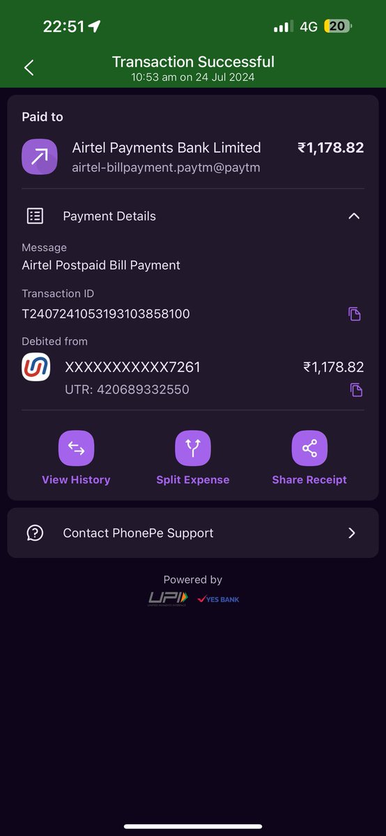 Harsh017's tweet photo. @airtelindia @Airtel_Presence @airtelbank 
My Airtel Xtreme Fibre was recharged but still the payment is not posted.

054247683981_dsl

Attached is the payment screenshot.
Even the complaint is lodged but no resolution.
This is very pathetic. https://t.co/LeAJTFaLJi