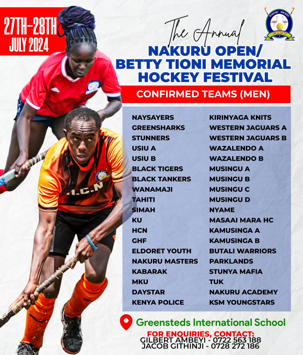 MagongoKenya's tweet photo. A total of 38 men's team and 18 women's have confirmed participation in the annual Nakuru Open/Betty Tioni Memorial Hockey Festival.

See you there tomorrow!! https://t.co/kQg6vD1V5v