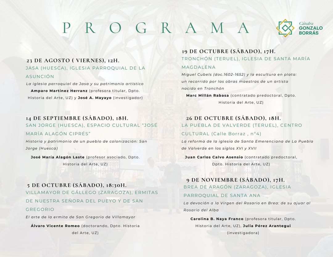 📣 La Cátedra Gonzalo Borrás arrancará su IV edición este mes de agosto

🏞️ El objetivo es hacer accesible a toda la población aragonesa la riqueza y la diversidad de su arte y su patrimonio

📍 Tendrán lugar dos charlas en cada una de las provincias de Aragón

<a href="/catedragborras/">Cátedra Gonzalo Borrás</a>