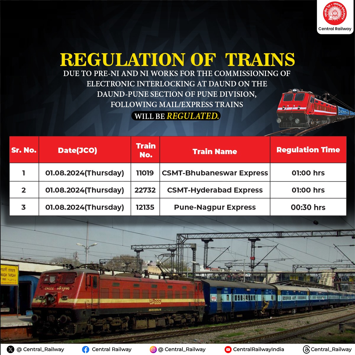 drmpune's tweet photo. 📢Due to Pre-NI and NI works for the commissioning of Electronic Interlocking at Daund, the following trains will be REGULATED from 31.07.2024 till 01.08.2024.
🔗More Details of Train Regulation in the creatives below. ⬇️
#PuneDivision #TrainRegulation https://t.co/BcME69fzFx