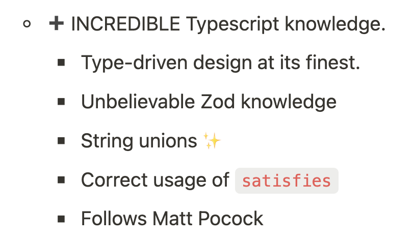 RamonBalthazar's tweet photo. I just interviewed an incredible candidate for a TypeScript role.
Here's a snippet of my interview notes 😂
@mattpocockuk https://t.co/sAMwHucOsC