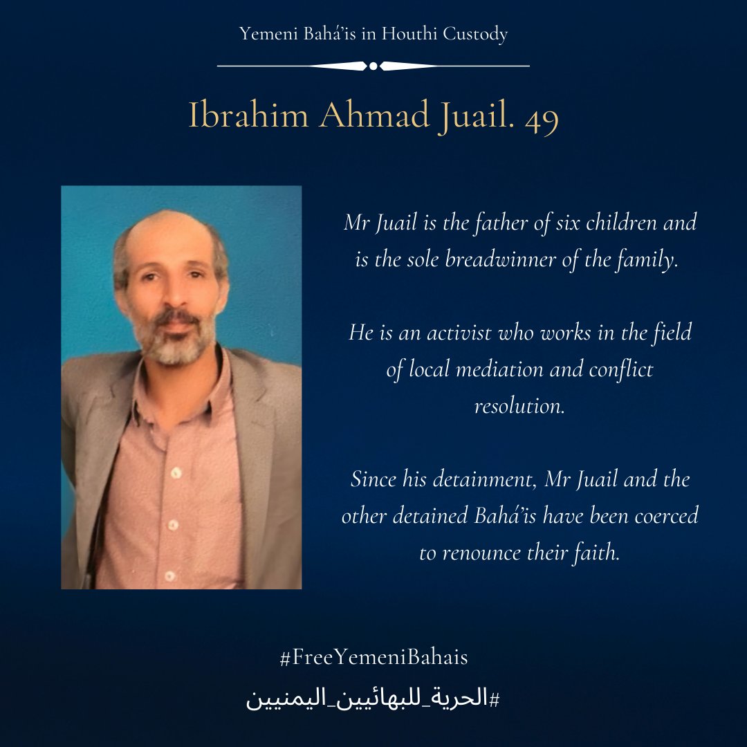 UKBahaiOPA's tweet photo. Innocent Baha'is remain in Houthi captivity in 
unacceptable conditions.
The attack on Bahais was condemned by many including Yemeni Tribal Leaders, who say: "Persecuting Baha'is in Yemen violated tribal customs and a longstanding Yemini cultural embrace of religious coexistence" https://t.co/W7ZP90t9cj