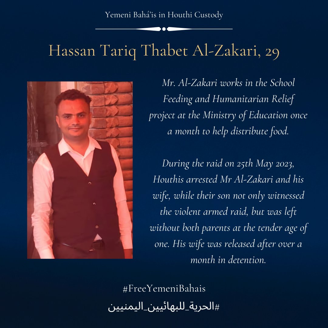 UKBahaiOPA's tweet photo. Innocent Baha'is remain in Houthi captivity in 
unacceptable conditions.
The attack on Bahais was condemned by many including Yemeni Tribal Leaders, who say: "Persecuting Baha'is in Yemen violated tribal customs and a longstanding Yemini cultural embrace of religious coexistence" https://t.co/W7ZP90t9cj