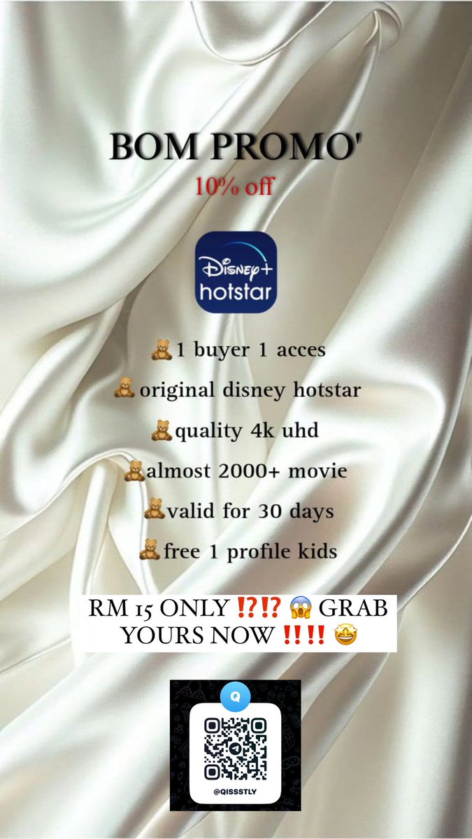 qistinaleyaaa's tweet image. KORANGG HARINI 26/7 KITA ADA PROMO 10% off DISNEY HOTSTAR TAUU 😍 GRAB YOURS NOWW ‼️‼️

wasap.my/601139774032/N…

#DisneyHotstar #Disney #Falshsale