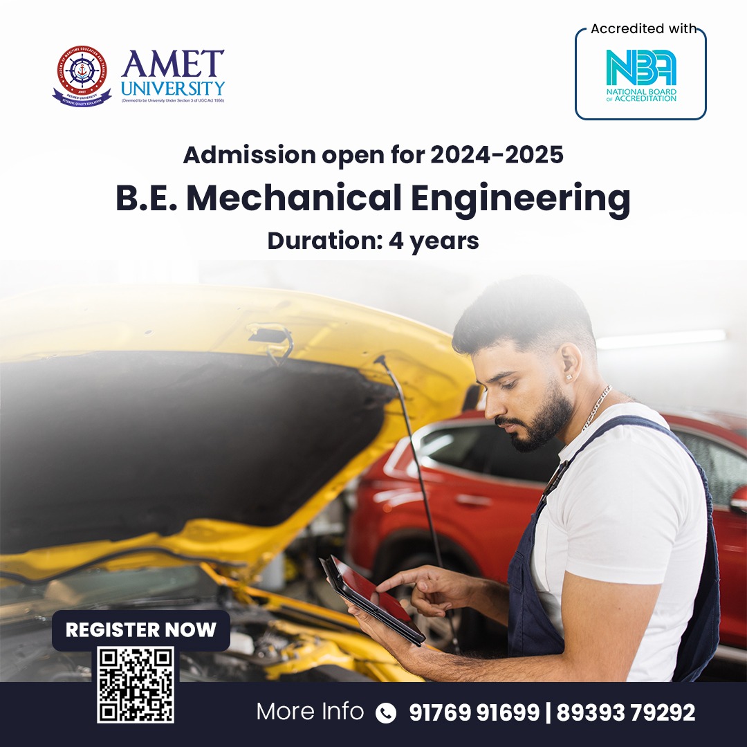 UniversityAmet's tweet photo. Pursue Mechanical Engineering success at AMET.

Admission Open 2024 - 25
B.E. in Mechanical Engineering

Duration: 4 years
For More Details,
Visit: https://t.co/aBF42S1Lu8

#BE #Mechanical #Engineering #Mech #UGProgram  
#AmetUniversity #Amet #Chennai #ECR https://t.co/jmassdRRmF