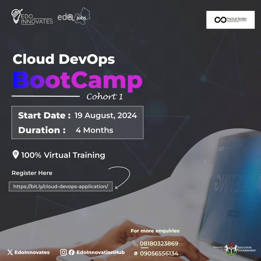 EdoHub's tweet image. We are thrilled to announce an exciting collaboration between Edo Innovates and Practical DevOps to bring you a comprehensive 4 MONTHS, 100% VIRTUAL bootcamp starting on August 19th!
🔗 Register Now: bit.ly/cloud-devops-a…
For more enquiry on this program, WhatsApp 09167636986