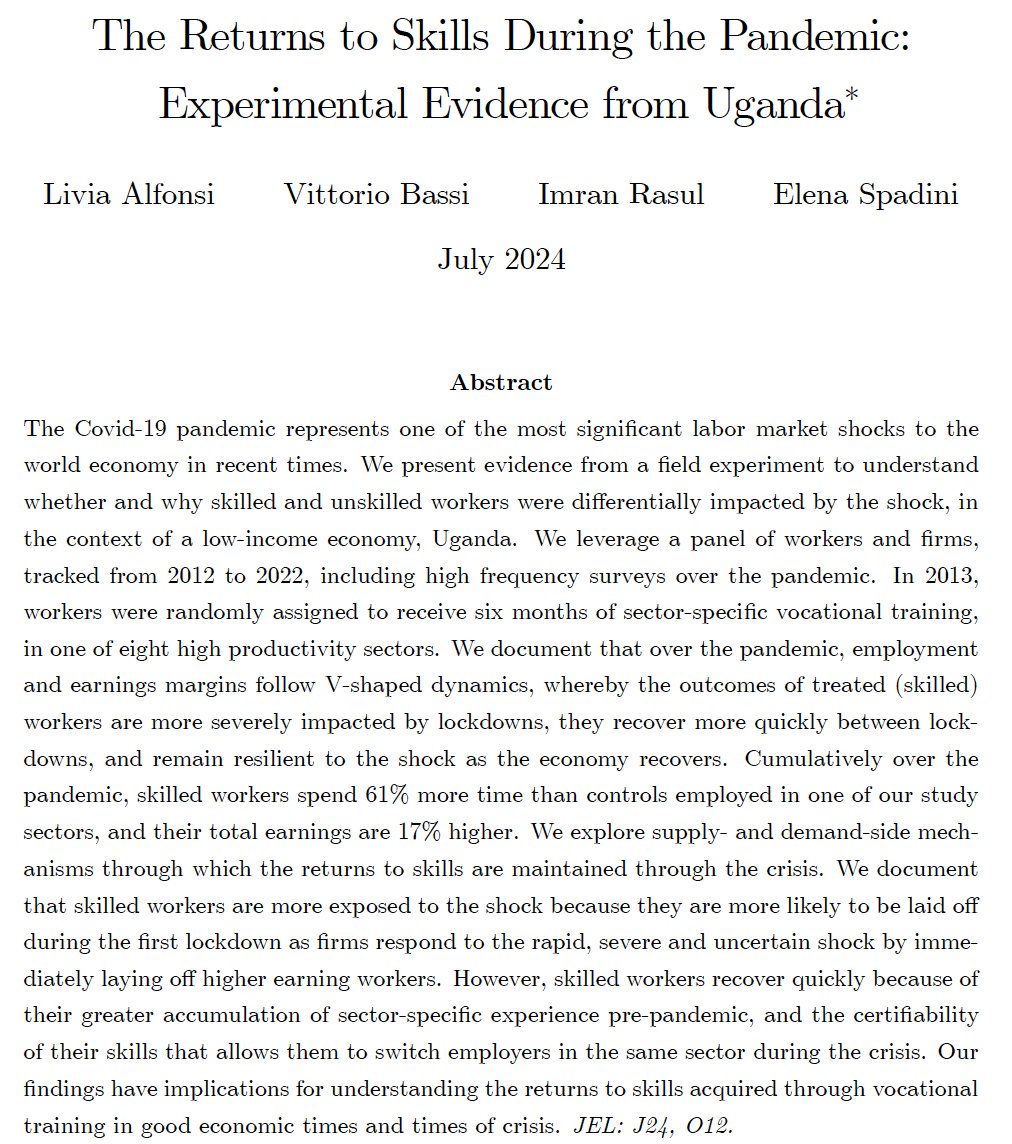 Livia Alfonsi (@livia_alfonsi) on Twitter photo 🚨New WP!🚨
Were skilled &unskilled workers differentially impacted by the pandemic?
Why? Differential exposure &/or resilience?
Are returns to skills maintained by the same mechanisms in good & bad times?
➡️bit.ly/Covidworkers
w/<a href="/bassi_vittorio/">Vittorio Bassi</a> @imranrasul3 <a href="/spadini_elena/">Elena Spadini</a> 🚨New WP!🚨
Were skilled &unskilled workers differentially impacted by the pandemic?
Why? Differential exposure &/or resilience?
Are returns to skills maintained by the same mechanisms in good & bad times?
➡️bit.ly/Covidworkers
w/<a href="/bassi_vittorio/">Vittorio Bassi</a> @imranrasul3 <a href="/spadini_elena/">Elena Spadini</a>