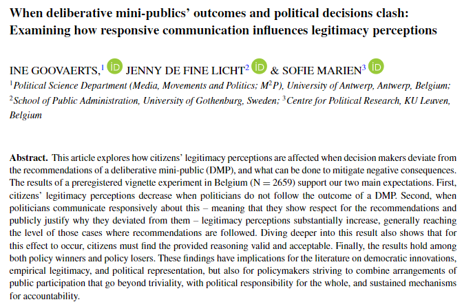Ine Goovaerts (@inegoovaerts) on Twitter photo What a lovely start of the weekend! New article out in <a href="/EJPRjournal/">EJPR journal</a>, where we study the importance of responsive communication when politicians decide to refrain from citizen recommendations in a deliberative mini-public (DMP).
👉doi.org/10.1111/1475-6…
A summary 🧵 What a lovely start of the weekend! New article out in <a href="/EJPRjournal/">EJPR journal</a>, where we study the importance of responsive communication when politicians decide to refrain from citizen recommendations in a deliberative mini-public (DMP).
👉doi.org/10.1111/1475-6…
A summary 🧵