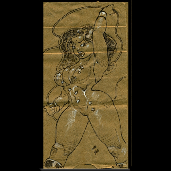 sandcrawlerman's tweet photo. Ballpoint sketch on paper bag of Wonder Girl's best costume. Admit it! #ballpointdrawing #comicartist #teentitans #DCComics https://t.co/3bOpMZWER2