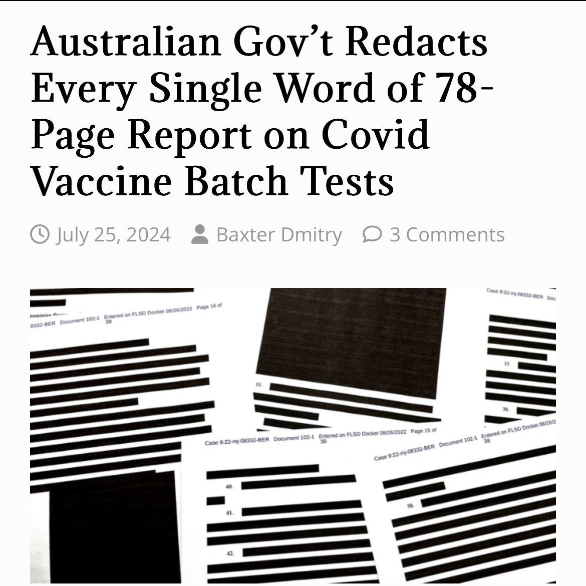robinmonotti's tweet image. &quot;The Australian government “released” a long-awaited report on batch tests of Covid mRNA vaccines rolled out in the country during the pandemic, however every word on every page has been completely redacted.

The 78-page document was released in response to a Freedom of…