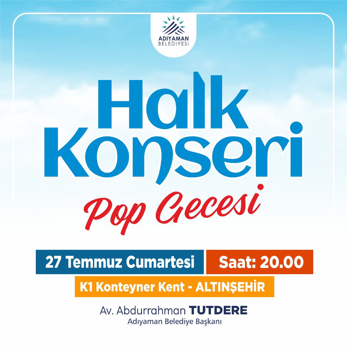 AdiyamanBelTR's tweet photo. 🎻 Ücretsiz Halk Konserimize Davetlisiniz! 🎹

Belediyemiz konservatuvar bölümü eğitmenlerinin eşsiz ezgileriyle sıcak yaz akşamlarını serinletecek muhteşem bir etkinlik sizleri bekliyor. Erkan Serttaş’ın solistliğinde gerçekleştirilecek “Halk Konseri (Pop Gecesi)” ile müziğin büyülü dünyasına yolculuğa çıkmaya hazır olun. Tüm vatandaşlarımızı bu ücretsiz halk konserine davet ediyor, sizlerle birlikte bu özel akşamı paylaşmaktan mutluluk duyuyoruz!

🗓️ 27 Temmuz 2024 Cumartesi -  ⏰ 20:00
📍 Altınşehir K1 Konteyner Kenti

#adiyamanbelediyesi #halkkonseri #hizmeticinvariz
