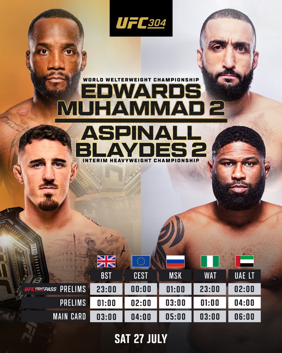 HERE WE GO!! 🇬🇧

Your important kick off times for #UFC304 in Manchester tonight!

📺 We start at 11pm BST / 12am CEST on <a href="/UFCFightPass/">UFC FIGHT PASS</a>