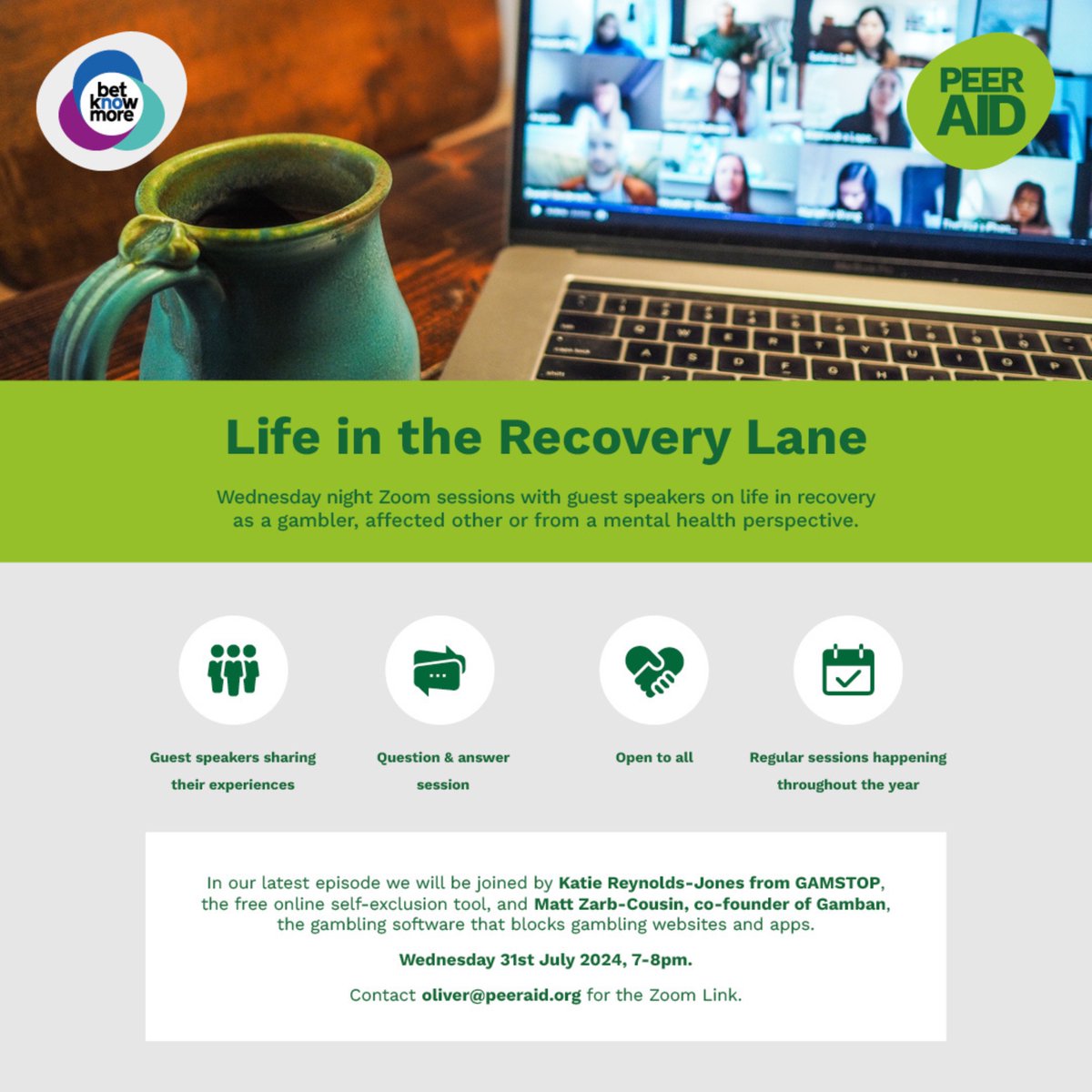 Betknowmore's tweet photo. Sign up for "Life in The Recovery Lane" with @aidpeer. Join us on Wed 31st July, 7pm-8pm for insights on Gambling Harms from Katie Reynolds-Jones of GAMSTOP and Matt Zarb-Cousin, co-founder of Gamban. Email oliver@peeraid.org for the Zoom link.
#peeraid #support #gamblingharm https://t.co/vy6pbilLHd