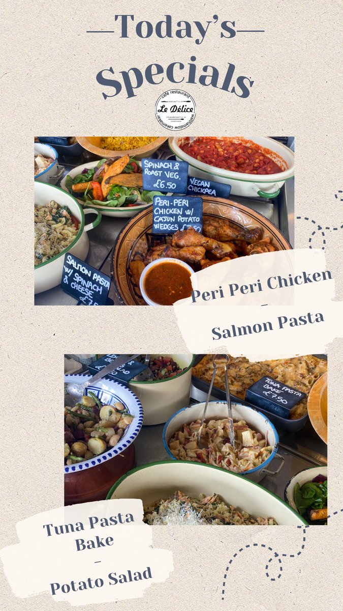 ⭐️Today’s Specials At Le Délice 🍽️ #eatlocal #homemade #meal #freshfood with #periperichicken #roastveg #tunapastabake #salmonpasta and many more