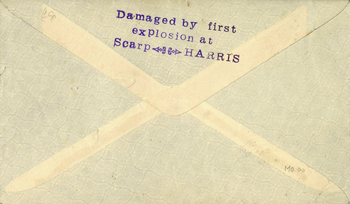 HighlandHistory's tweet image. An envelope bearing commemorative stamps which was used in an experiment using rockets as a means of carrying mail. The location was the island of #Scarp. Following two trials, on 28 and 31 July, the mail that survived was taken to Harris and stamped

[HLH Archives, D1751/2/1/18]