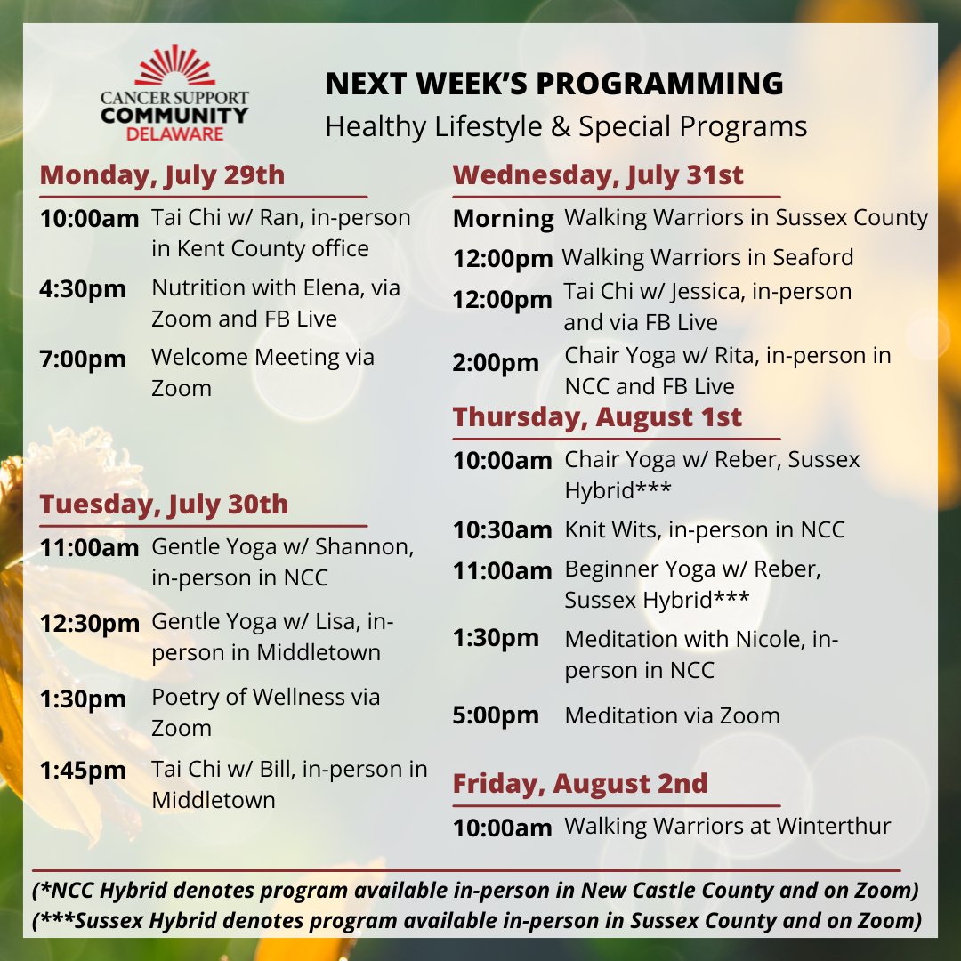 CancerSupportDE's tweet photo. Here is what's coming up next week at #CSCDE!
Join us Monday at 4:30pm for Nutrition with Elena: Eating in Season. Register at https://t.co/eE4RN4br5D
#CSCDE #cancersupport #cancerawareness #mentalhealthawareness #cancersurvivor #cancercommunity #supportforcancer https://t.co/Qu8i9UGl77