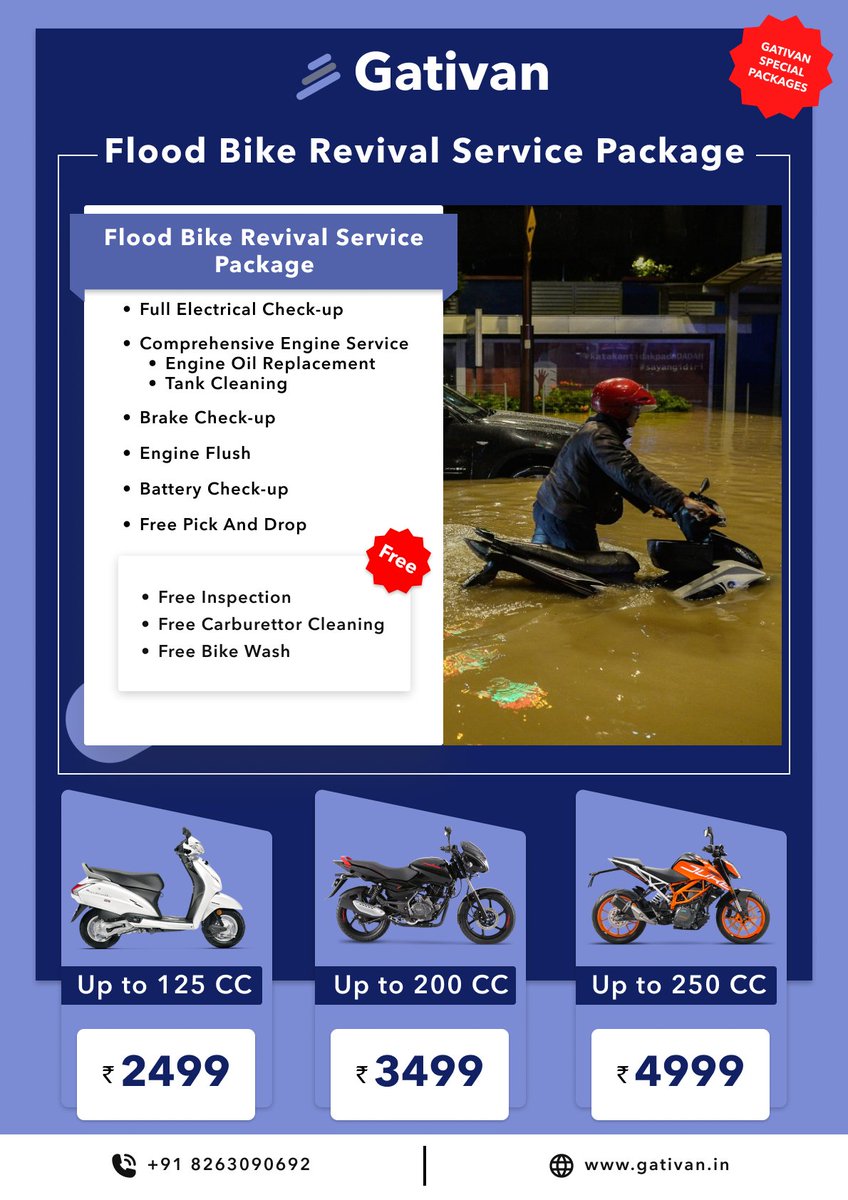 Gativanapp's tweet photo. Gativan's Flood Bike Revival Service
#BikeServicing
#PuneFlood #CarCare #pune #punerains #flood #mumbai #mumbairains #mumbaifloods #cars #Gativan #kharadi #pcmc #thane #lonavla https://t.co/vt2g2UK2in