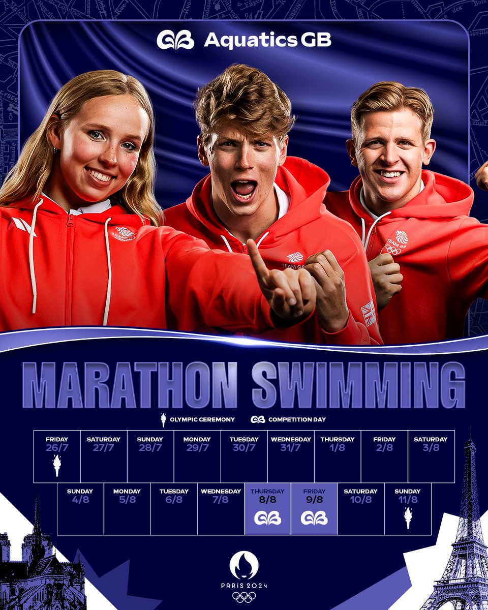 Marathon Swimming #Paris2024 dates for your diary 📆💦

Leah Crisp, Hector Pardoe and Toby Robinson dive into to the Seine on the 8th &amp; 9th August 👉 bit.ly/MarathonSwimPa…