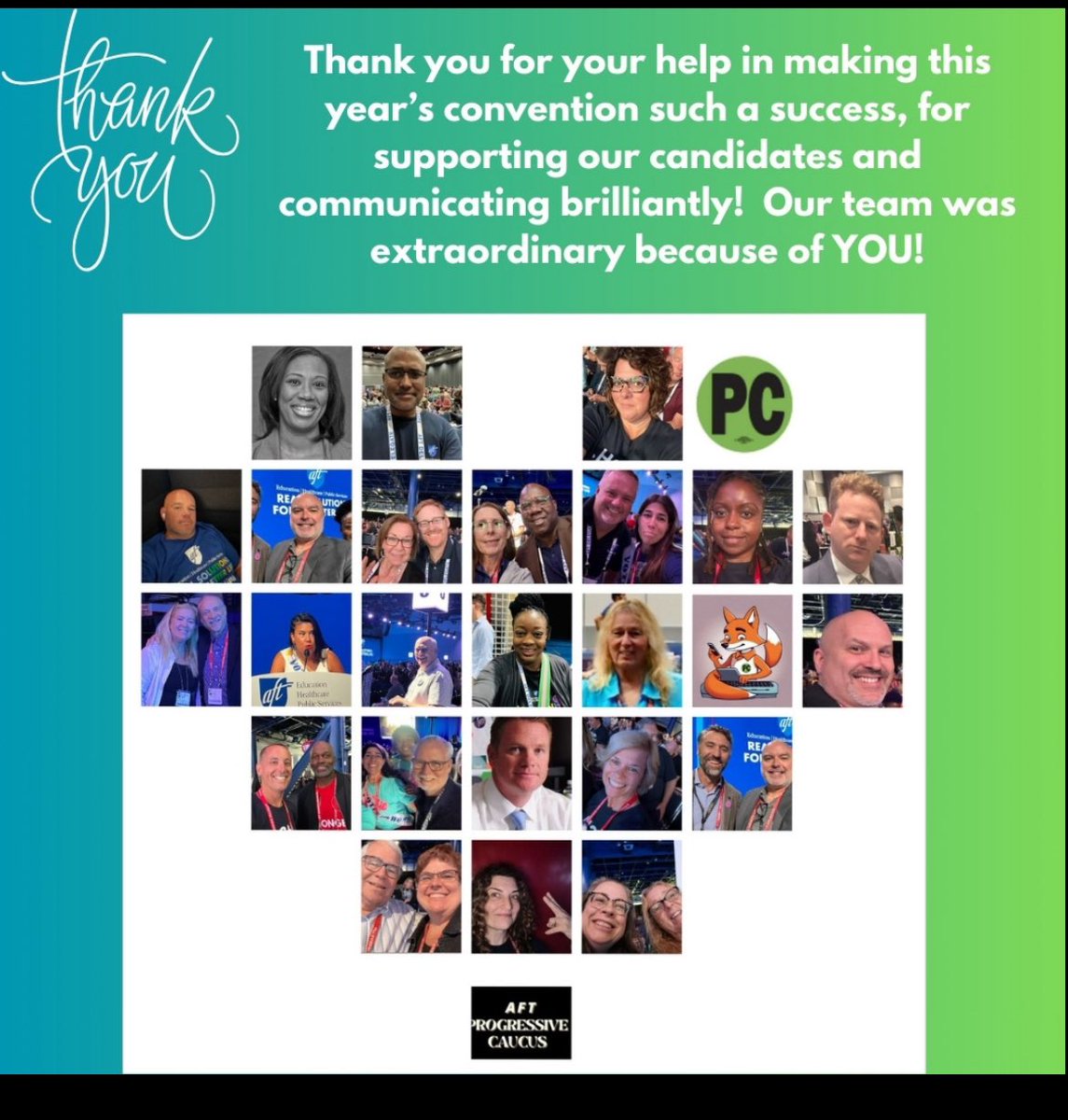 To our amazing PC SM 2024 Team - Your work was creative and effective!  We appreciate your contributions to the success of the AFT Progressive Caucus, its leadership and its message, and hope to work again with you, soon!  Sincerely, Eric, LaBrina, Liz, Jeff, Mark and Viri