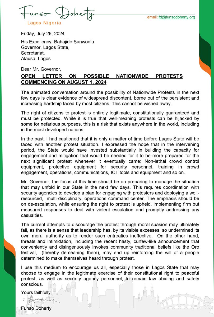funsodoherty's tweet photo. Today, I wrote to His Excellency, Governor Sanwoolu on the widely discussed Nationwide Protests that may commence on August 1, 2024. Here is the letter. https://t.co/4FLJtD5hkz