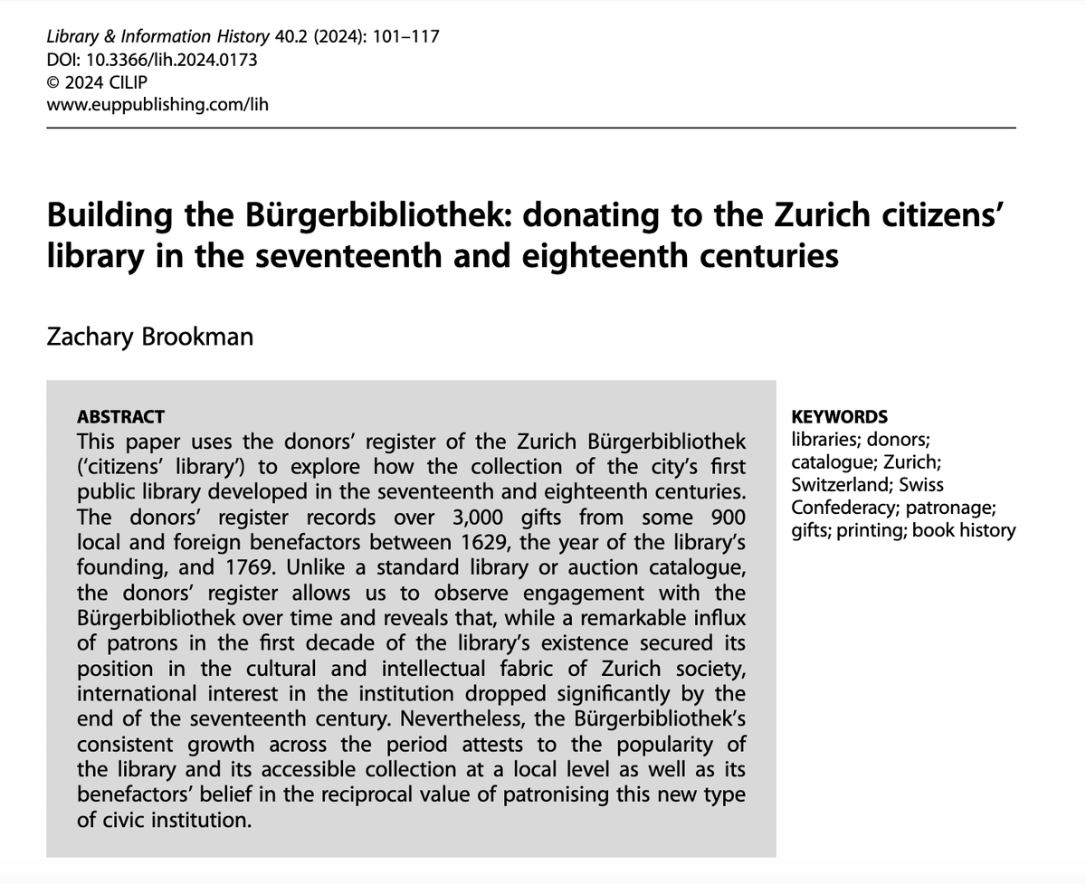 ZBrookman's tweet photo. Beyond thrilled to have my FIRST EVER article published, and in Library &amp; Information History no less! Come for the illustrated donors' register, stay for the pie charts and bar graphs! 
S/o to @books_borrowing for putting on such an excellent conference and making this possible! https://t.co/EuYG7O4KkU