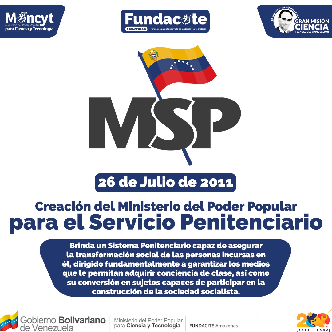 🌎AMAZONAS

#EFEMÉRIDE📅 | 26 de Julio de 2011, Creación del Ministerio del Poder Popular para el Servicio Penitenciario.
<a href="/NicolasMaduro/">Nicolás Maduro</a>
<a href="/delcyrodriguezv/">Delcy Rodríguez</a>
<a href="/Mincyt_VE/">Ministerio del P. P para Ciencia y Tecnología</a>
<a href="/PoloCyT_ve/">Polo Científico-Tecnológico Venezolano</a>
<a href="/Gabrielasjr/">Gabriela Jiménez</a>

#TriunfaLaEsperanza