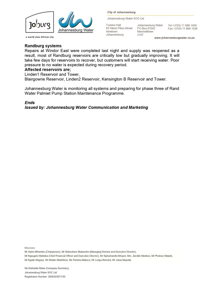 JHBWater's tweet photo. Joburg System Updates  #Midrand #Alexander #Modderhill #RabieRidge

 #JoburgUpdates. ^AM https://t.co/5fIrKD6bWb
