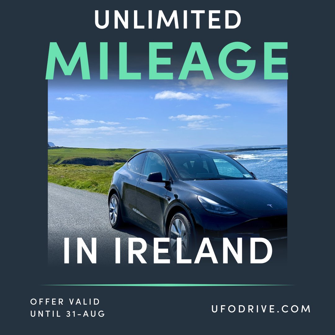 Are you looking to rent a car in Ireland this summer ? ☀️🚙

All rentals that take place in Ireland between now and August 31st get unlimited mileage, included free charging! 

🛸Book Now at UFODRIVE.COM🛸