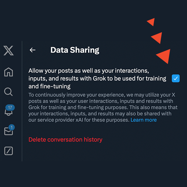 Your data on X is used by default to train Grok. 

Turn it off in Settings &gt; Privacy and safety &gt; Data sharing and personalization &gt; Grok