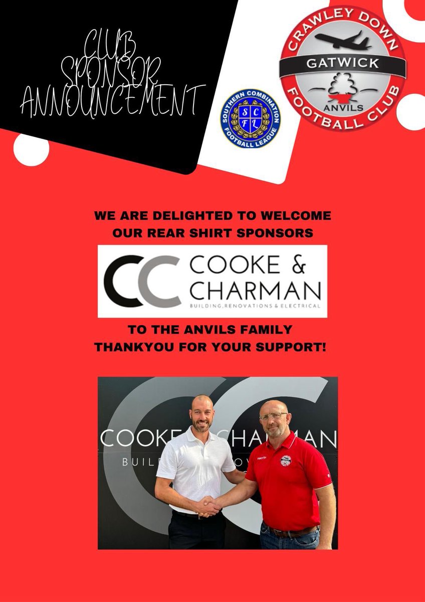 We are thrilled to announce another great local company Cooke &amp; Charman who will sponsor the back of the first team shirt. Welcome to the Anvils and thank you for your support. ⚽️⚽️⚽️