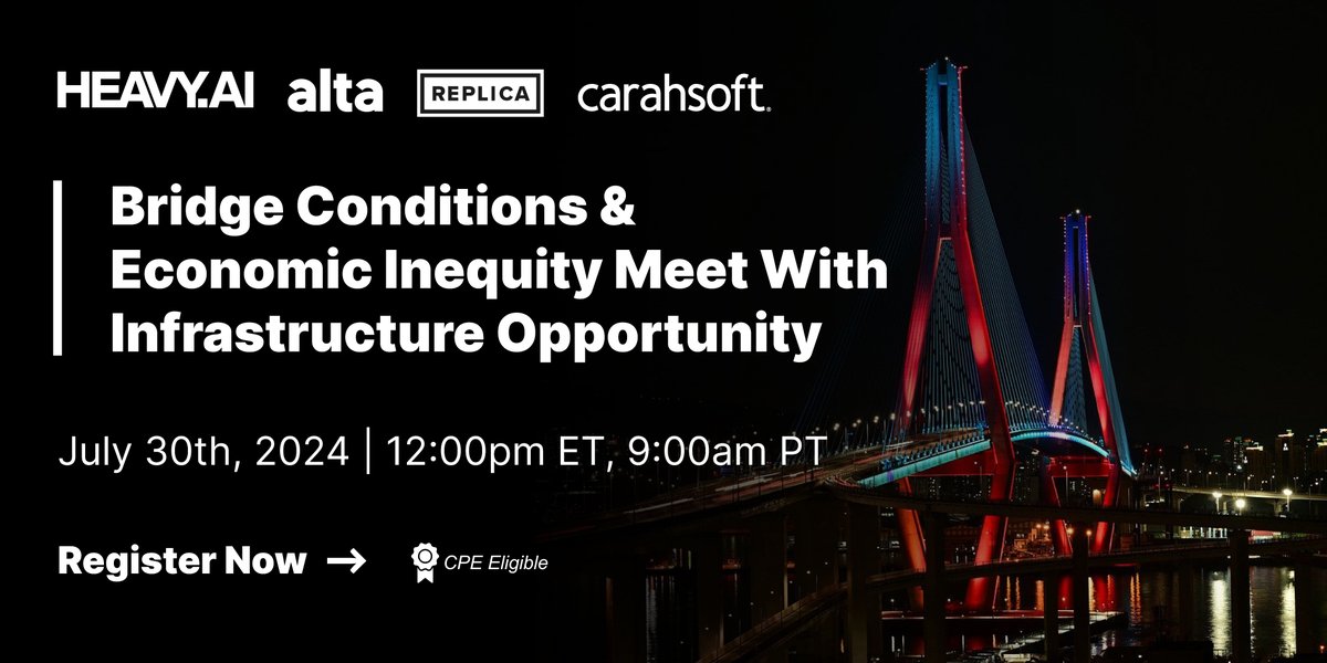 Join us on July 30 as Alta Civic Analytics Leader David Wasserman, in collaboration with HEAVY.AI and Replica, showcase how these organizations have enriched the National Bridge Inventory database.

carahevents.carahsoft.com/Event/Details/…