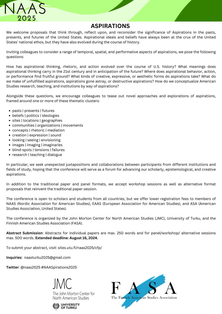 ✍️CFP: 28th NAAS Conference: Aspirations
🏡University of Turku, Finland,
🕔June 4-6, 2025
❕Deadline: August 16, 2024
ℹ️sites.utu.fi/naas2025/