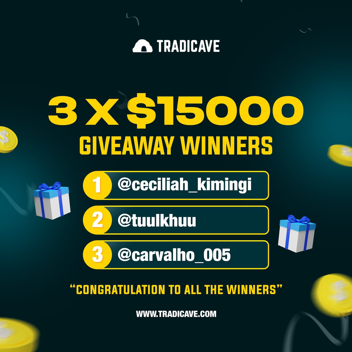 Tradicave's tweet photo. 🎉Congratulations to our 3x $15k

Account Winners🏆

1- @ceciliah_kimingi

2- @tuulkhuu

3- @carvalho_005

To claim the account dm us on Instagram.

 #tradicave #propfirm #proptrading #propfirmtrader #for #Giveaways https://t.co/YVokSf76ww