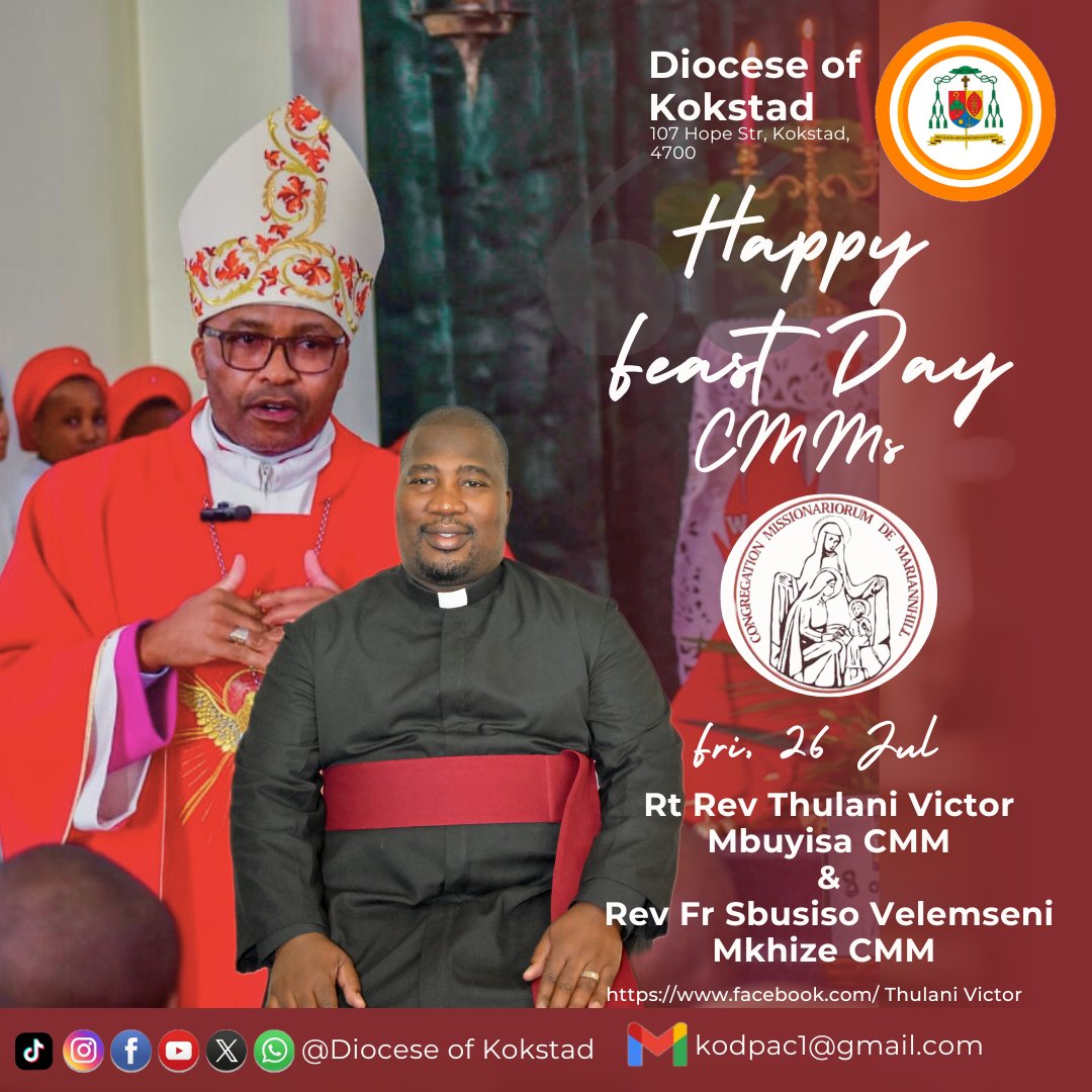 KokstadDiocese's tweet photo. Happy Feast Day to our CMM brothers, His Excellency Bishop Thulani Victor Mbuyisa CMM, and Rev. Fr. Sbusiso Mkhize CMM together with St Anne's Sodality.

"It shall be called Mariannhill" Abbot Francis Pfanner 1882. (Mary + Ann + Hill). https://t.co/AqwjQjBAq8