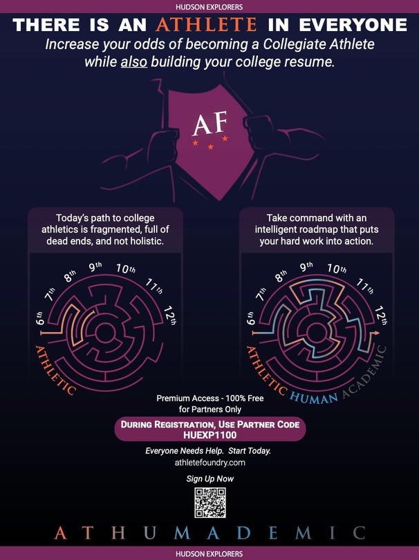 Thank you <a href="/athletefoundry/">Athlete Foundry</a> for offering free subscriptions for our Hudson Student Athletes! Just use the partner code HUEXP1100.