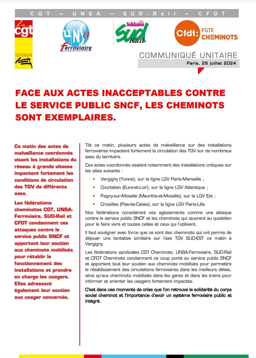 🚨Communiqué unitaire des syndicats cheminots #SNCF ‼️
Merci à l’ensemble des cheminots qui se mobilisent pour rétablir les circulations.