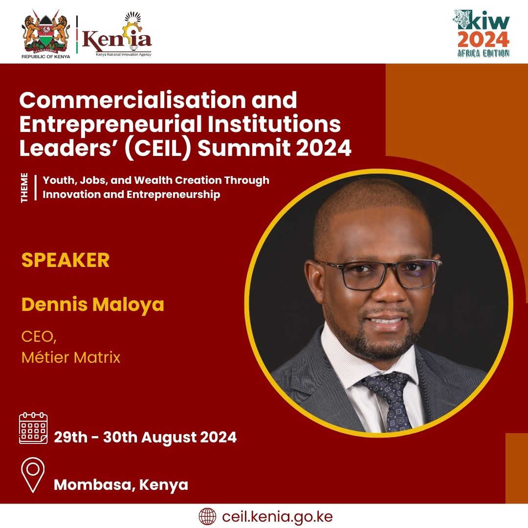 Dennis Maloya, the CEO of Métier Matrix will be joining us at CEIL Summit 2024. By bringing together leaders and stakeholders from all sectors, the summit creates a platform for sharing knowledge, resources, and innovative ideas.

Register: ceil.kenia.go.ke