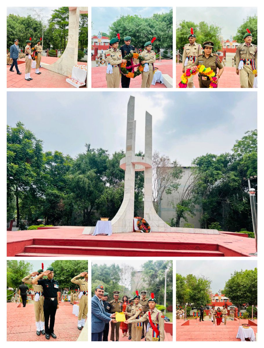 LtNeetu's tweet photo. The 12 Haryana Battalion #NCC organized a wreath-laying ceremony at the Sonipat war memorial on #KargilVijayDiwas2024. Cadets from #HinduGirlsCollege,  were also present to pay their respects to the fallen heroes.
@HQ_DG_NCC 
@OTAGwalior https://t.co/z7cWXxWmR6