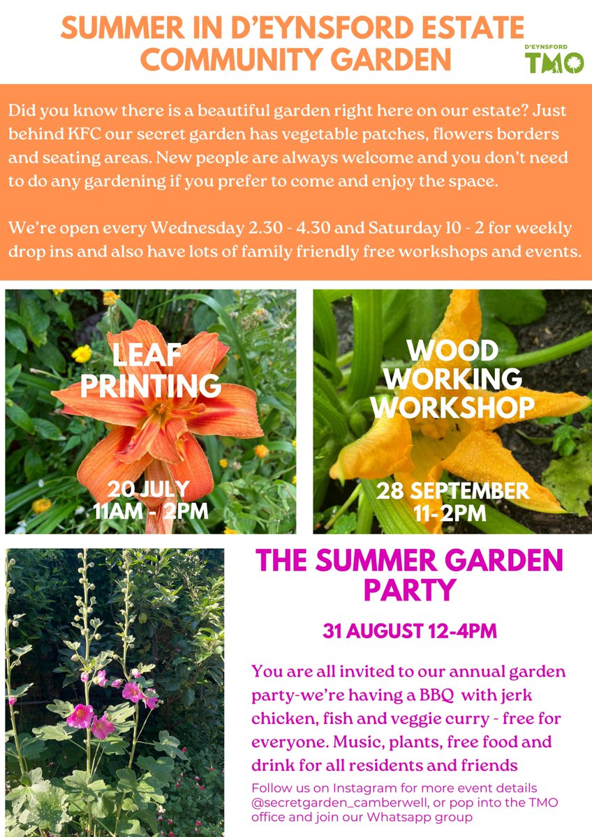 Some exciting events are coming up in our beautiful secret garden (community garden). We have one of the most popular events, 'the summer garden party', on Aug 31st, followed by a woodworking workshop on Sept 28th. There is no need to book, and it is completely free to attend!☀️