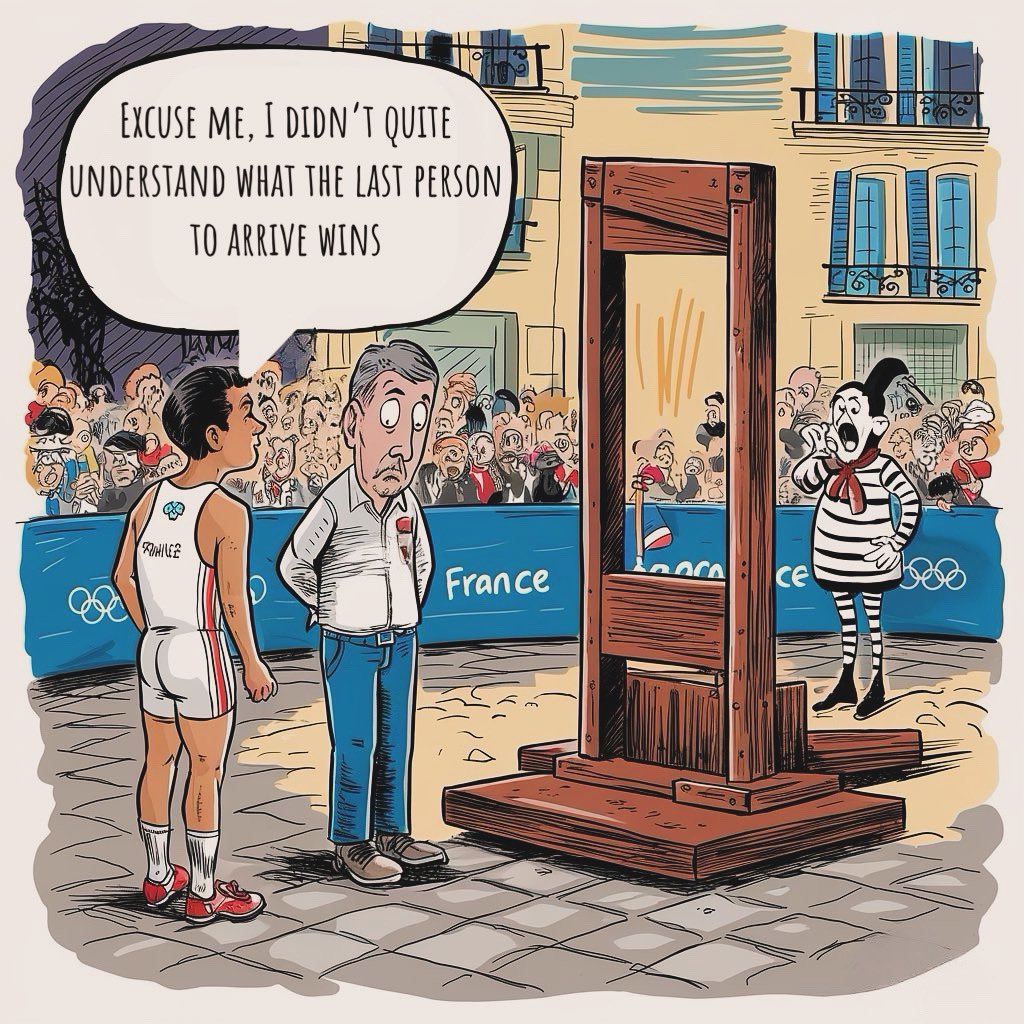 mirlo_de's tweet photo. Excuse me, I didn’t quite understand what the last person to arrive wins. #DarkHumor #France #paris2024olympics #PARIS2024 https://t.co/Bdhj0Hex9a