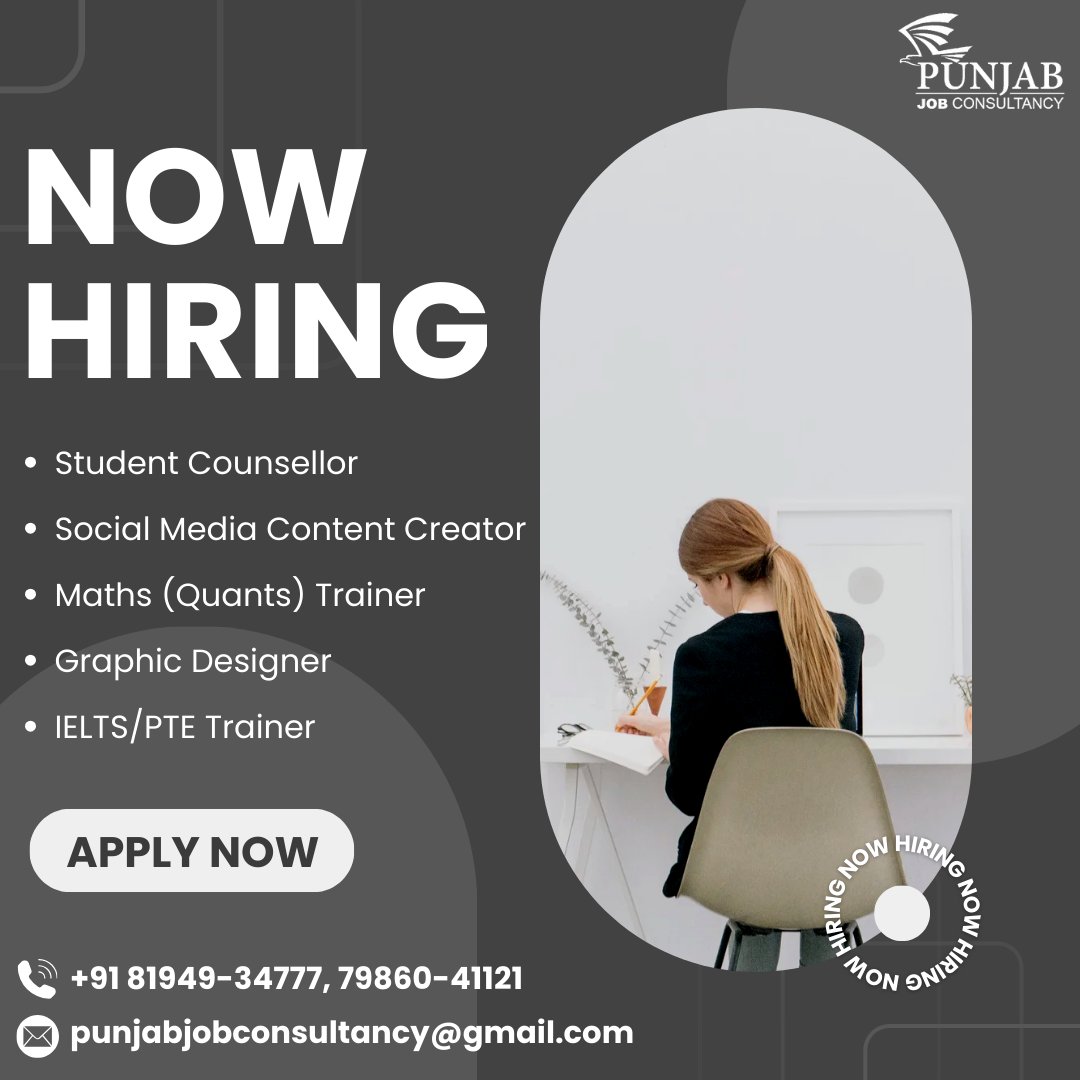 PJCIndia's tweet photo. 🌟 New Opportunities in Hoshiarpur! 🌟

Hiring:

Student Counsellor
Social Media Creator
Maths Trainer
Graphic Designer
IELTS/PTE Trainer
Salary: ₹10k - ₹15k Open to all!
📧 CV: punjabjobconsultancy@gmail.com
📞 81949-34777, 79860-41121

Apply now! 🚀 #HoshiarpurJobs #HiringNow https://t.co/gBHjkSOJnY