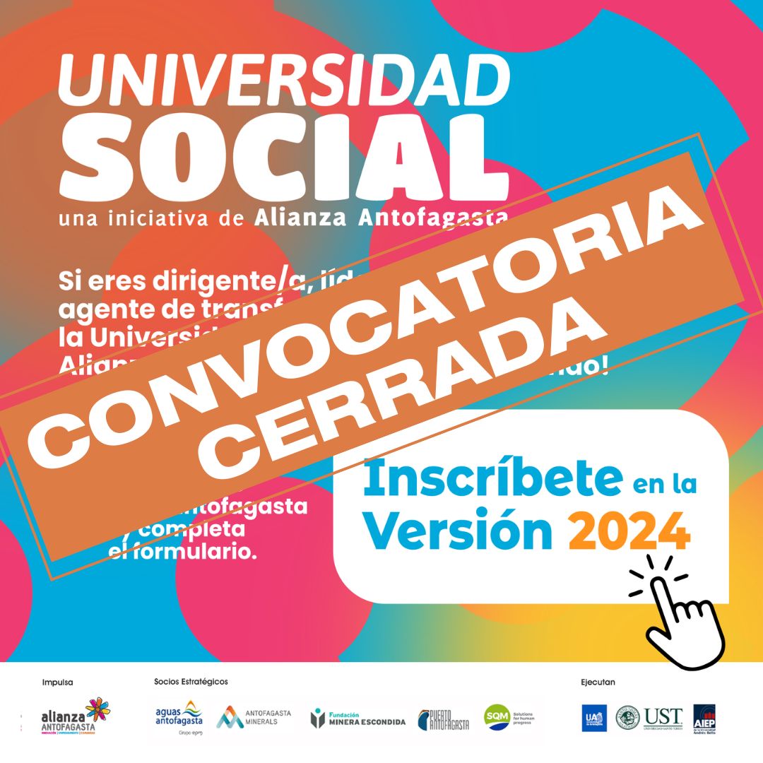 ¡Convocatoria cerrada! Agradecemos a las casi cien personas que postularon a la 2a versión de nuestro programa #UniversidadSocial, desarrollado junto a la <a href="/udeantofagasta/">Universidad de Antofagasta</a>, Santo Tomás y <a href="/AiepAntofa/">AIEP Antofagasta</a> 

Se viene la 2a parte del proceso, serán contactados pronto, atent@s al correo 📧
