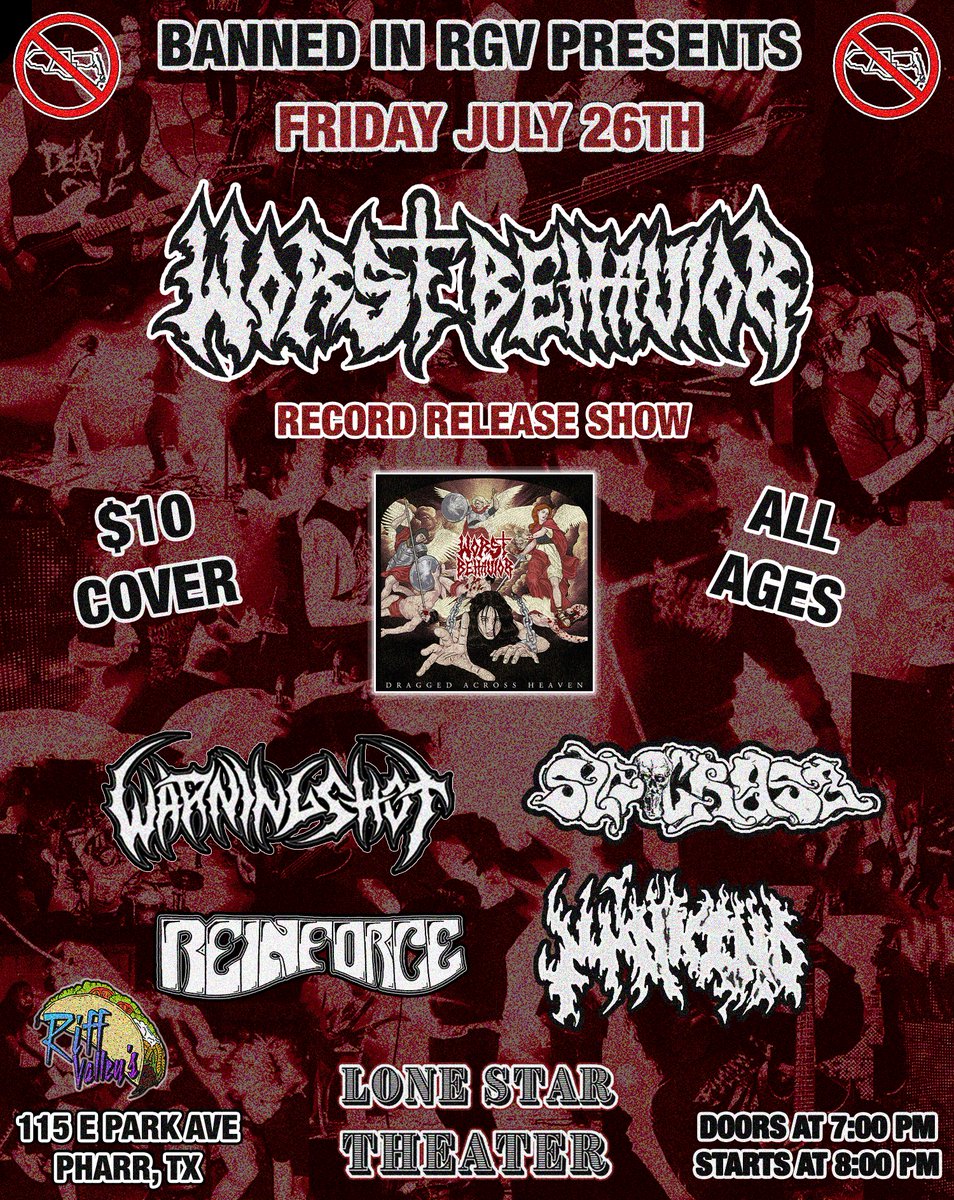 BannedinRGV's tweet photo. After months of planning we are finally here. A lot of work was put into this one behind the scenes. Bring a friend, have a good time and pick up a Worst Behavior record tonight! https://t.co/jfvW9Qodvs