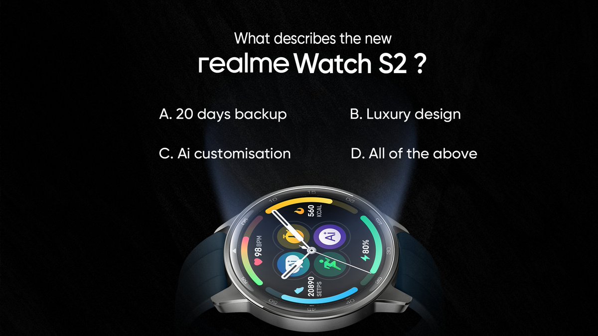 Step into the future ⌚️
What’s your favorite feature of the new #realmeWatchS2?

Drop your answers in the comments below and stand a chance to win big! 🎁⌚ 

Know more: 
bit.ly/4cMUNFa 
bit.ly/3WlWoMg 

#WearYourAI